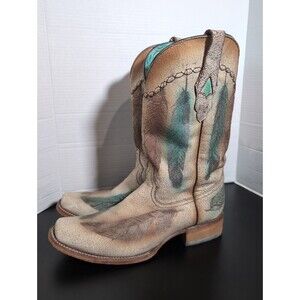 CORRAL SAND/TEAL   CRACKEL & FEATHER SQUARE TOE COWBOY BOOT MEN'S SIZE 12M EUC